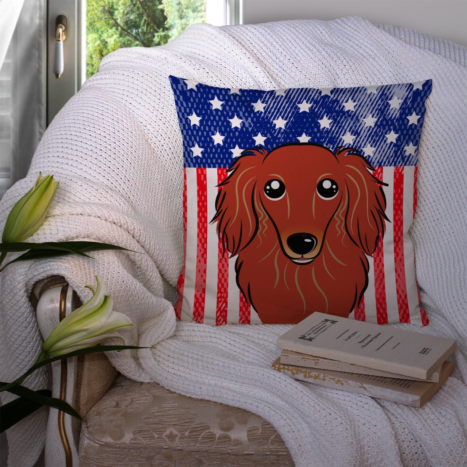 American Flag and Longhair Red Dachshund Decorative Throw Pillow 14x14 Indoor Outdoor Accent Cushion, Fabric Cover with Insert for Sofa, Bed, Porch & Living Room