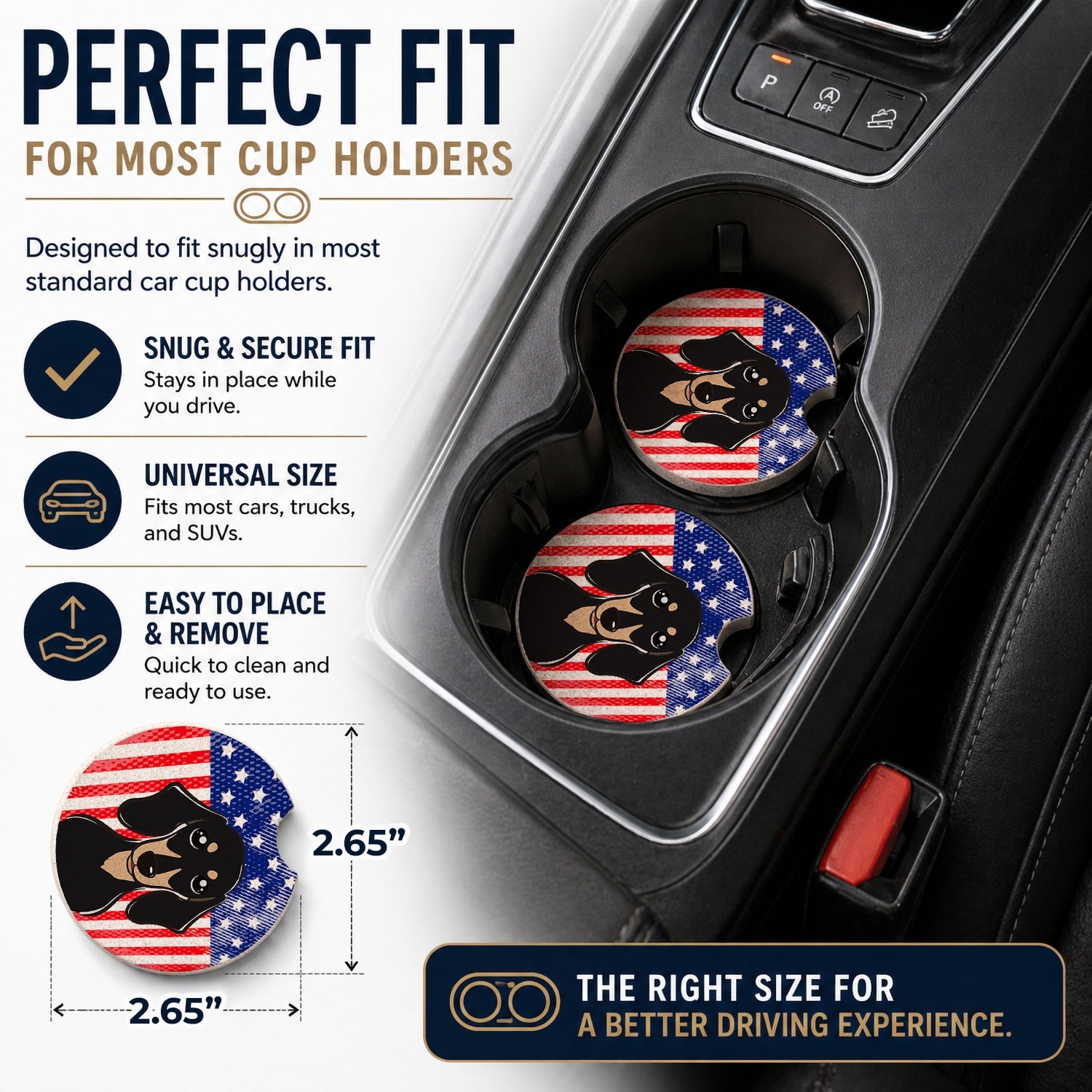 American Flag and Smooth Black and Tan Dachshund Set of 2 Cup Holder Car Coasters Absorbent Round Sandstone Coasters Gifts for Men or Women, 2.5, Multicolor