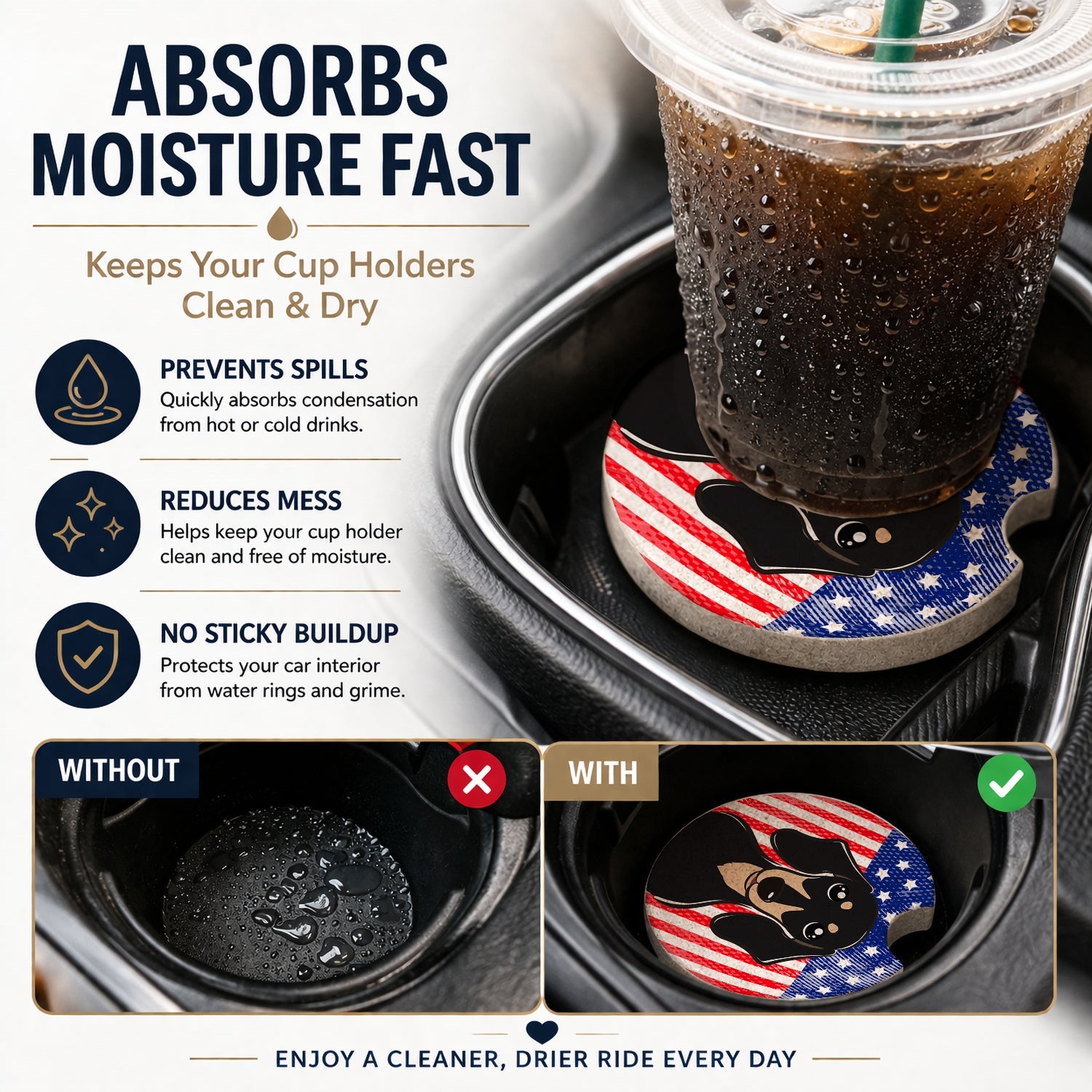 American Flag and Smooth Black and Tan Dachshund Set of 2 Cup Holder Car Coasters Absorbent Round Sandstone Coasters Gifts for Men or Women, 2.5, Multicolor