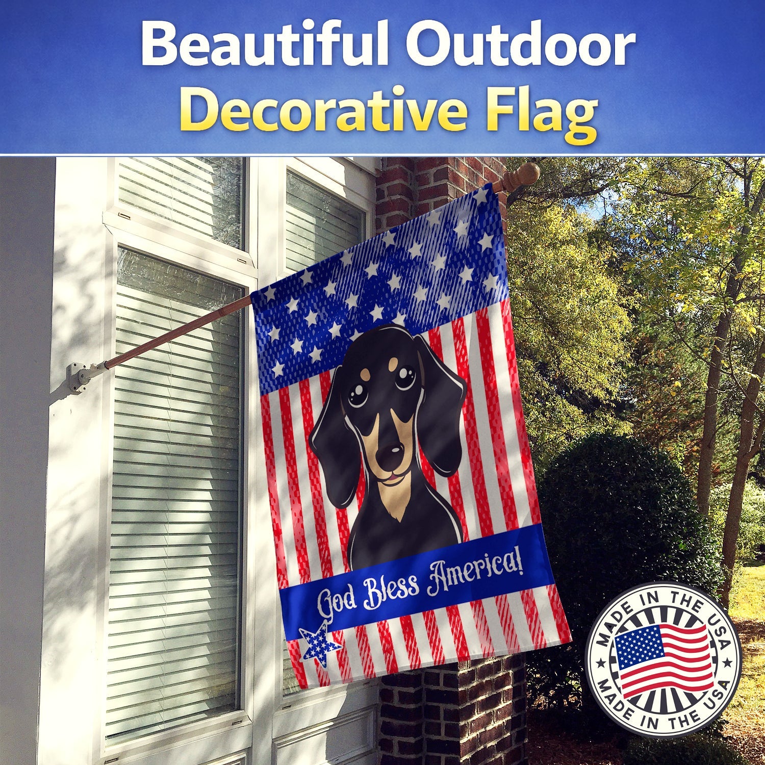 American Flag and Smooth Black and Tan Dachshund House Flag 28x40 Porch Sleeve Pole Decorative Outside Yard Banner Artwork Wall Hanging, Polyester