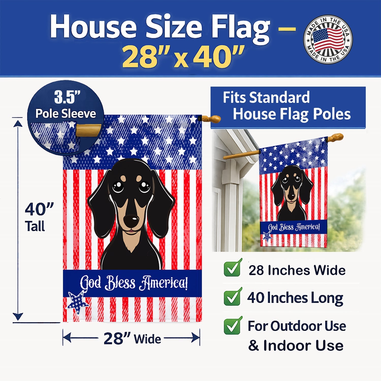 American Flag and Smooth Black and Tan Dachshund House Flag 28x40 Porch Sleeve Pole Decorative Outside Yard Banner Artwork Wall Hanging, Polyester