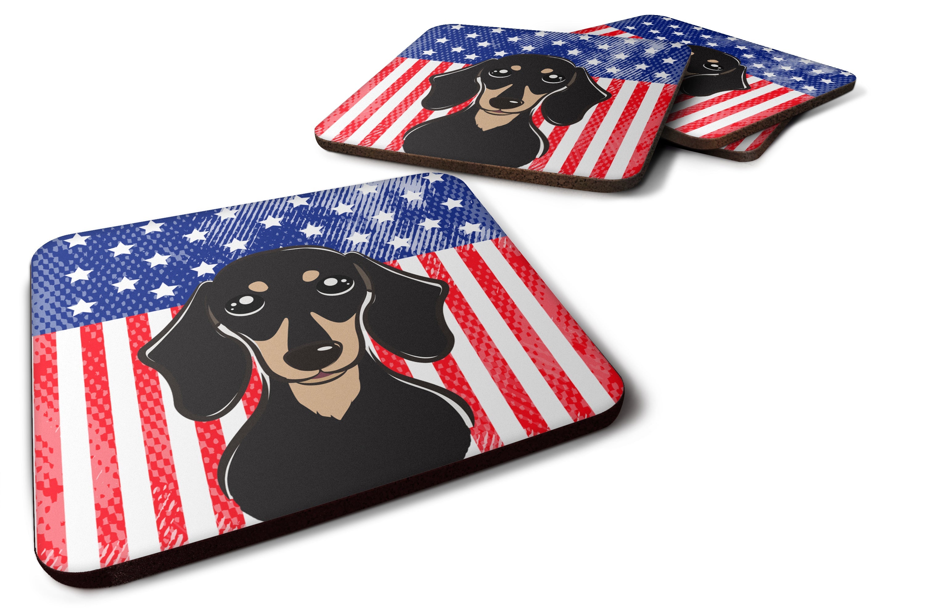 American Flag and Smooth Black and Tan Dachshund Foam Coasters Set of 4 Cup Coasters for Indoor Outdoor, Tabletop Protection, Anti Slip, Mouse pad Material