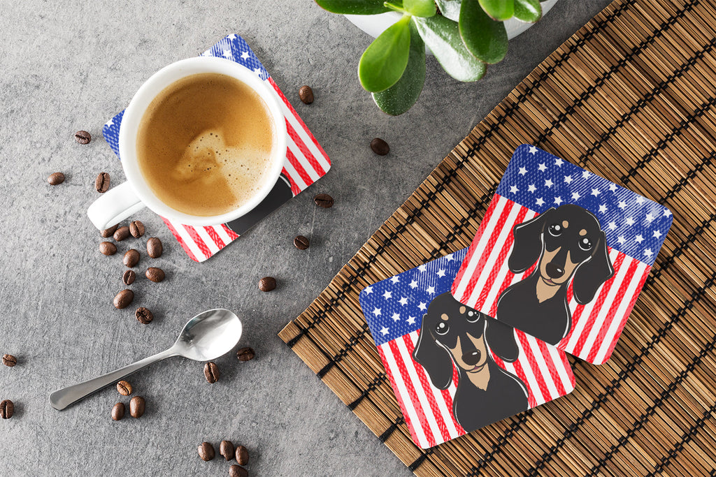 American Flag and Smooth Black and Tan Dachshund Foam Coasters Set of 4 Cup Coasters for Indoor Outdoor, Tabletop Protection, Anti Slip, Mouse pad Material