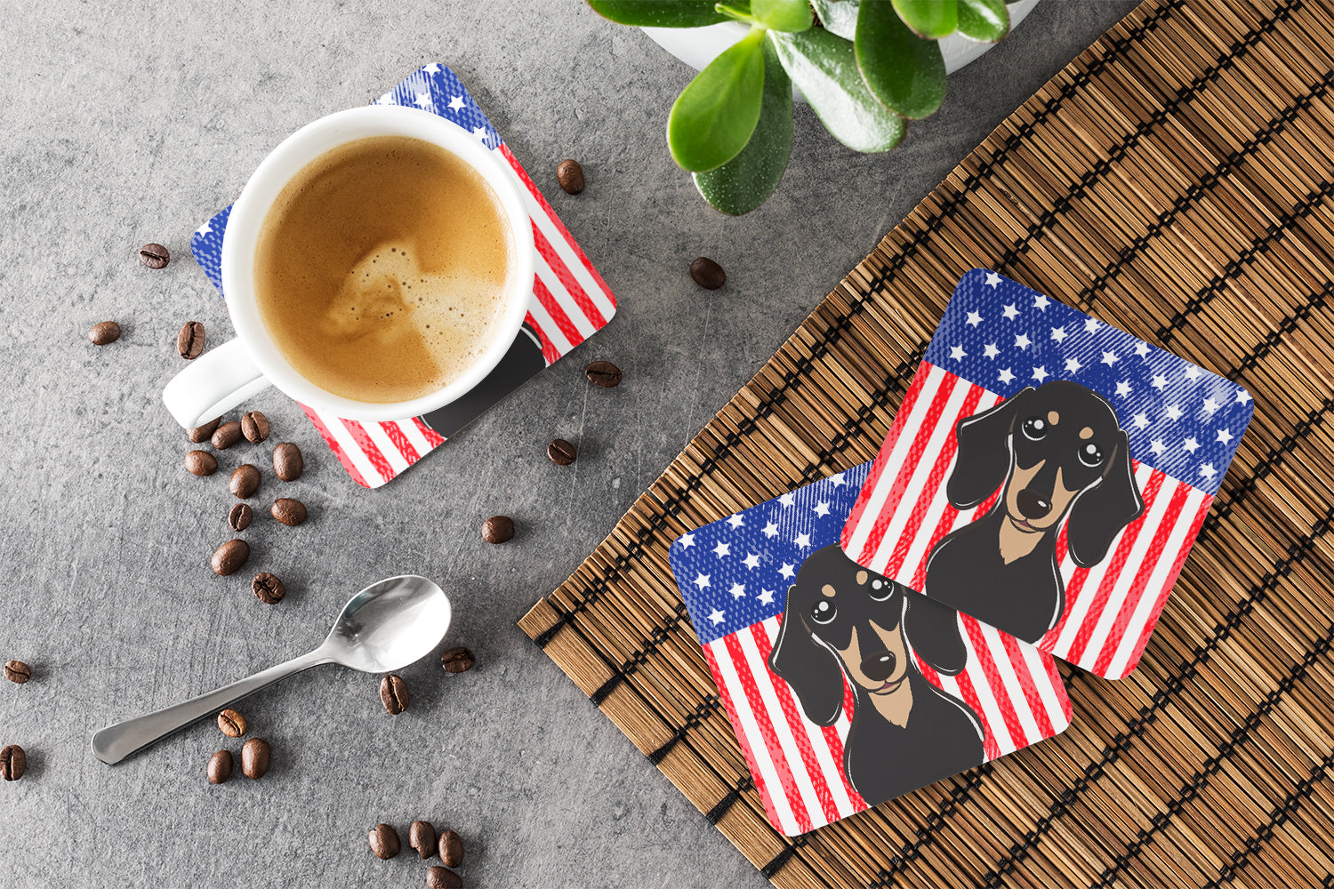 American Flag and Smooth Black and Tan Dachshund Foam Coasters Set of 4 Cup Coasters for Indoor Outdoor, Tabletop Protection, Anti Slip, Mouse pad Material