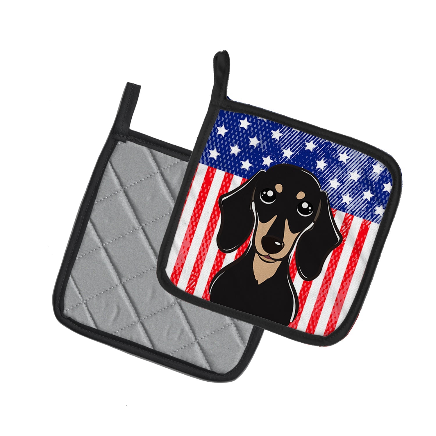 American Flag and Smooth Black and Tan Dachshund Pot Holder Set of 2 Heat Resistant Quilted Hot Pads 7.5 x 7.5 Inch, Insulated Kitchen Trivets for Cooking & Baking