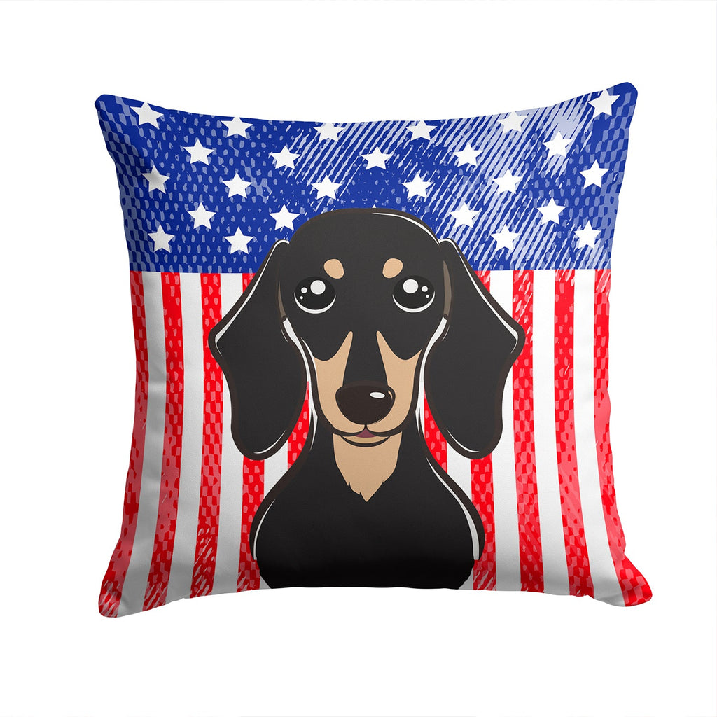 American Flag and Smooth Black and Tan Dachshund Decorative Throw Pillow 14x14 Indoor Outdoor Accent Cushion, Fabric Cover with Insert for Sofa, Bed, Porch & Living Room