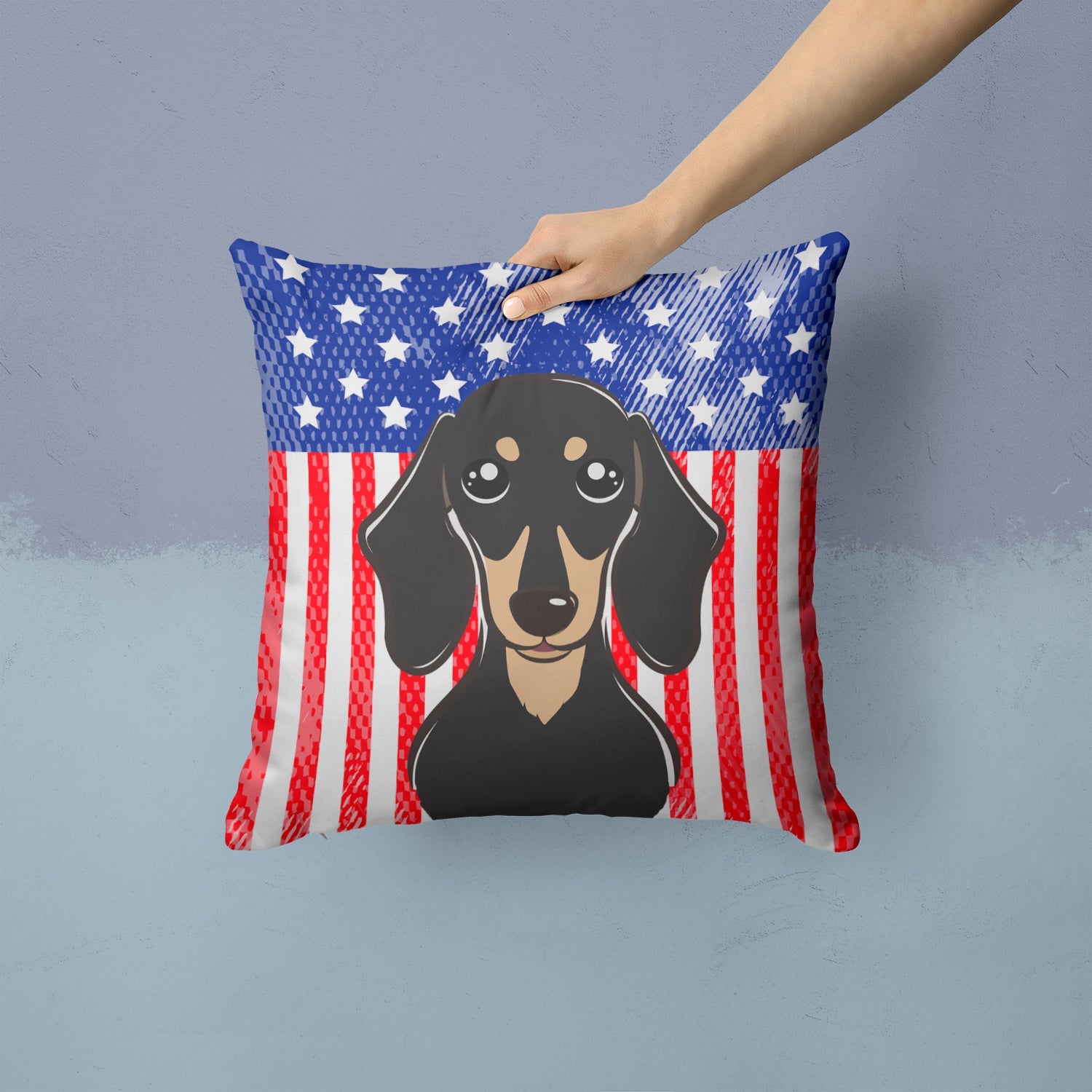American Flag and Smooth Black and Tan Dachshund Decorative Throw Pillow 14x14 Indoor Outdoor Accent Cushion, Fabric Cover with Insert for Sofa, Bed, Porch & Living Room