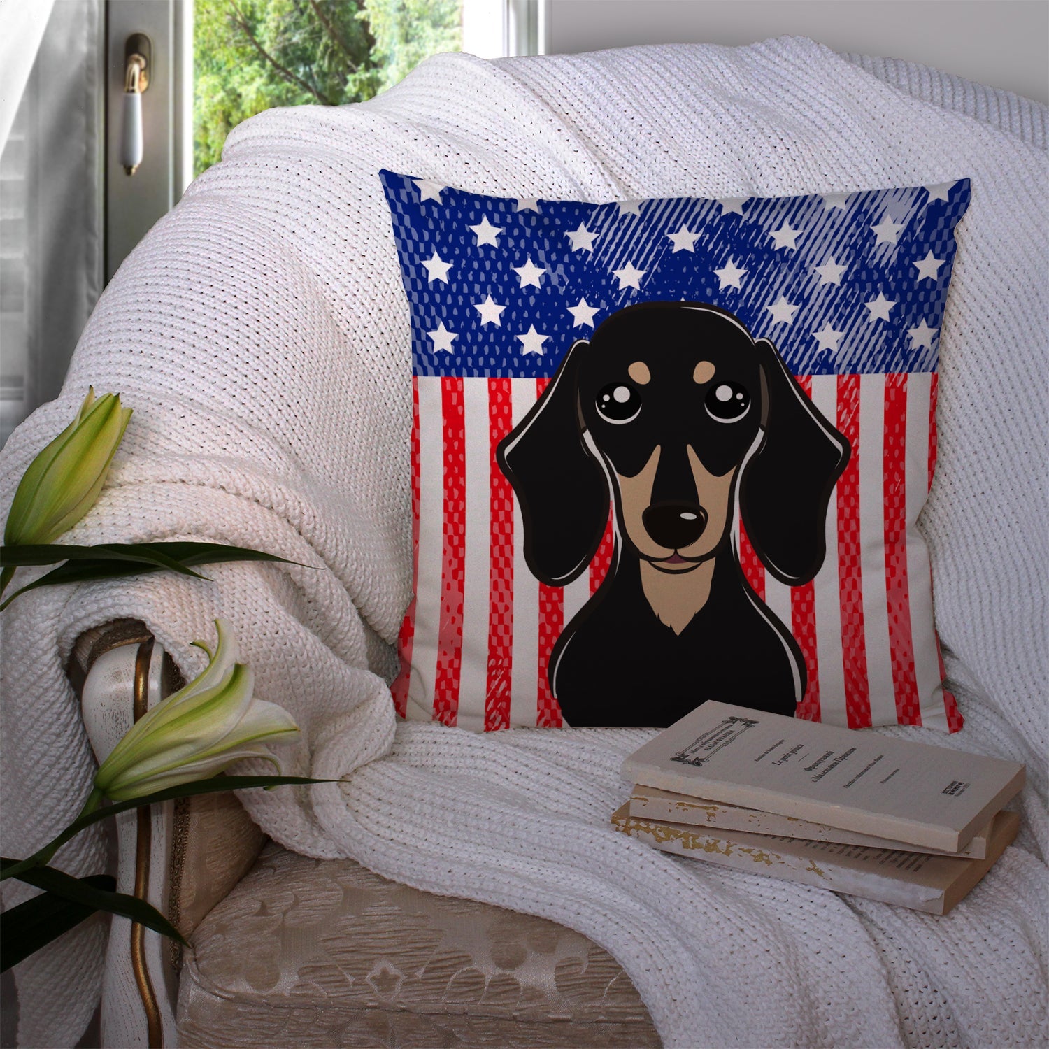 American Flag and Smooth Black and Tan Dachshund Decorative Throw Pillow 14x14 Indoor Outdoor Accent Cushion, Fabric Cover with Insert for Sofa, Bed, Porch & Living Room