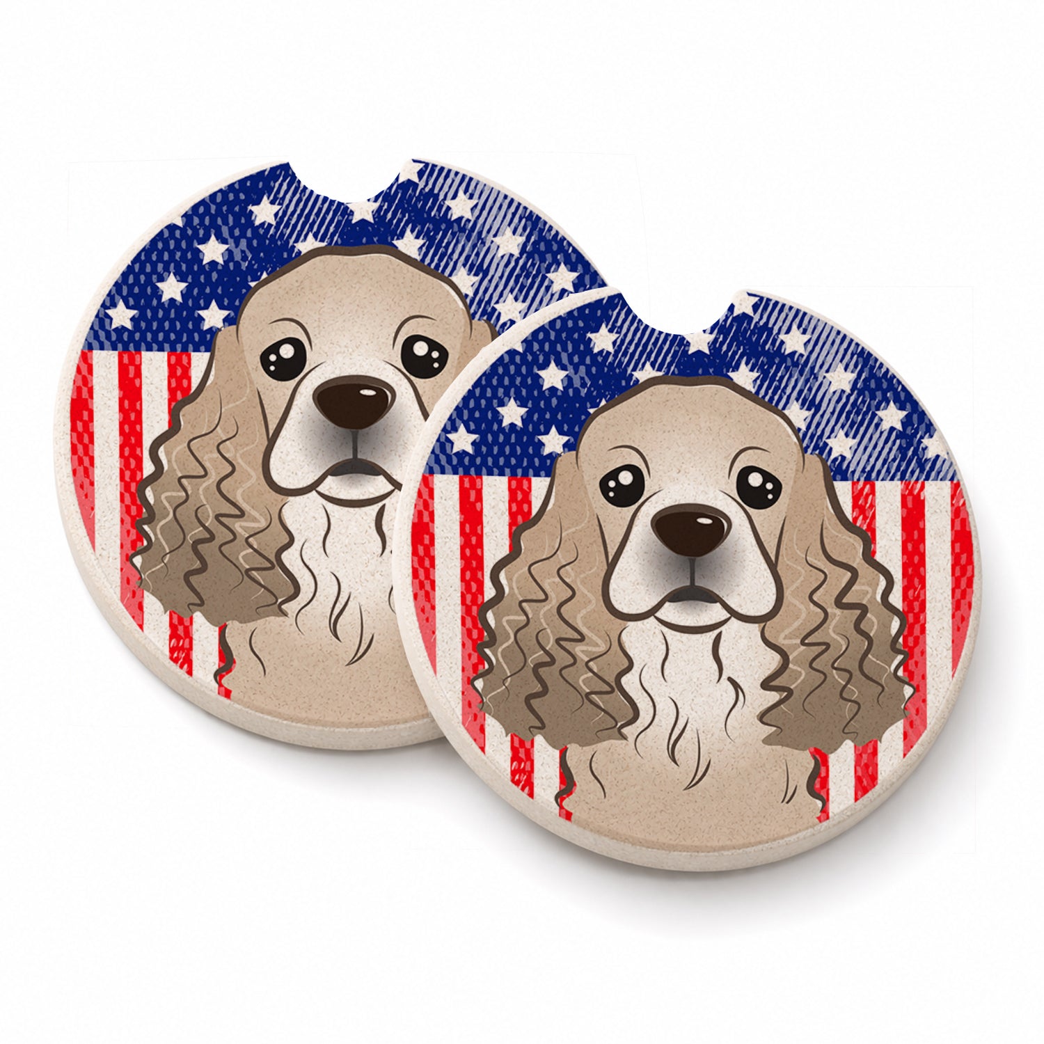 American Flag and Cocker Spaniel Set of 2 Cup Holder Car Coasters Absorbent Round Sandstone Coasters Gifts for Men or Women, 2.5, Multicolor