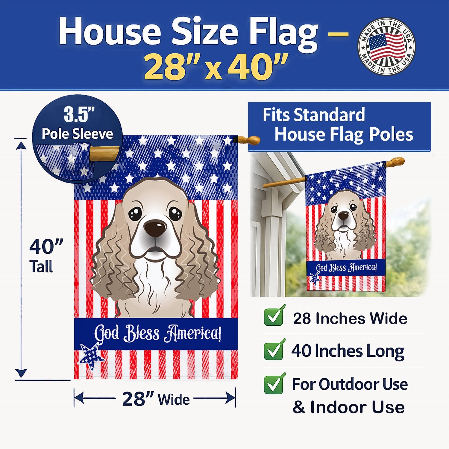 American Flag and Cocker Spaniel House Flag 28x40 Porch Sleeve Pole Decorative Outside Yard Banner Artwork Wall Hanging, Polyester