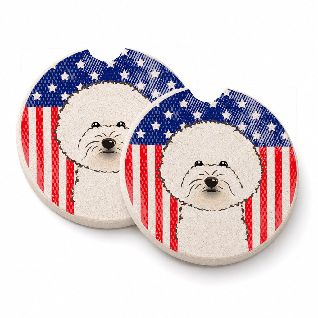 American Flag and Bichon Frise Set of 2 Cup Holder Car Coasters Absorbent Round Sandstone Coasters Gifts for Men or Women, 2.5, Multicolor