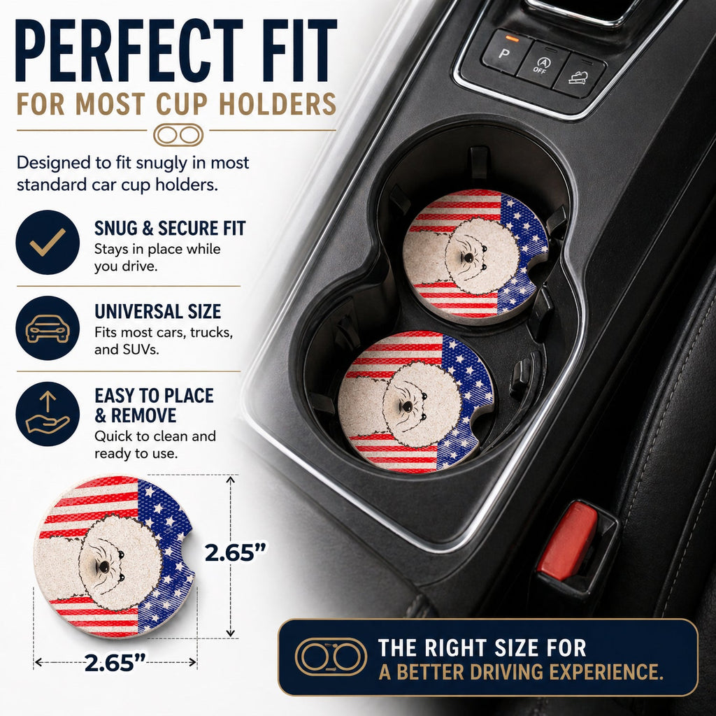American Flag and Bichon Frise Set of 2 Cup Holder Car Coasters Absorbent Round Sandstone Coasters Gifts for Men or Women, 2.5, Multicolor