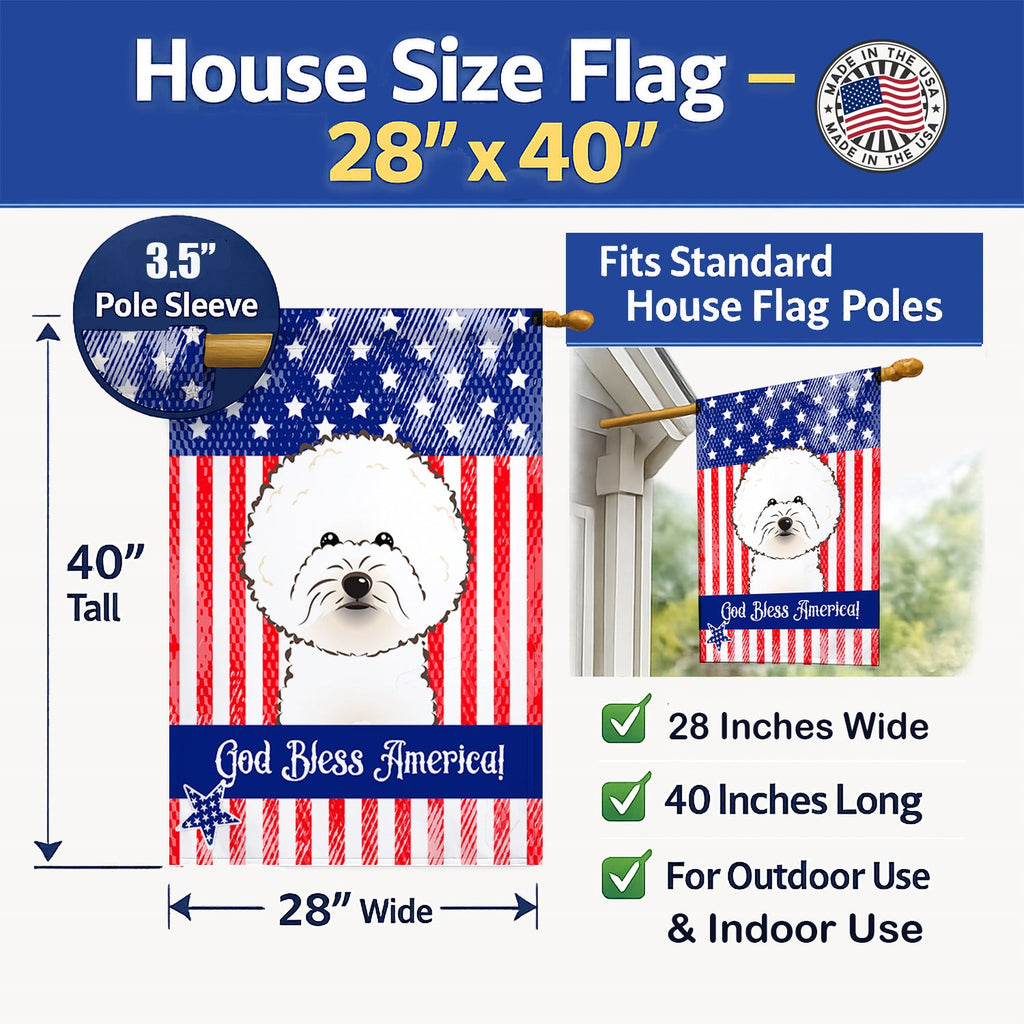 American Flag and Bichon Frise House Flag 28x40 Porch Sleeve Pole Decorative Outside Yard Banner Artwork Wall Hanging, Polyester