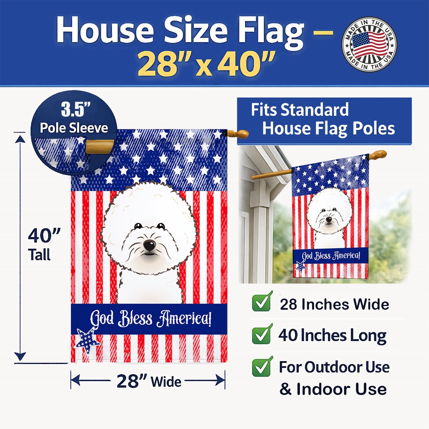 American Flag and Bichon Frise House Flag 28x40 Porch Sleeve Pole Decorative Outside Yard Banner Artwork Wall Hanging, Polyester