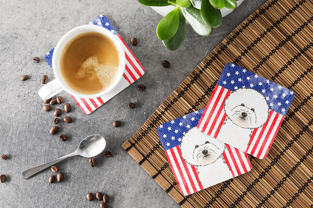 American Flag and Bichon Frise Foam Coasters Set of 4 Cup Coasters for Indoor Outdoor, Tabletop Protection, Anti Slip, Mouse pad Material