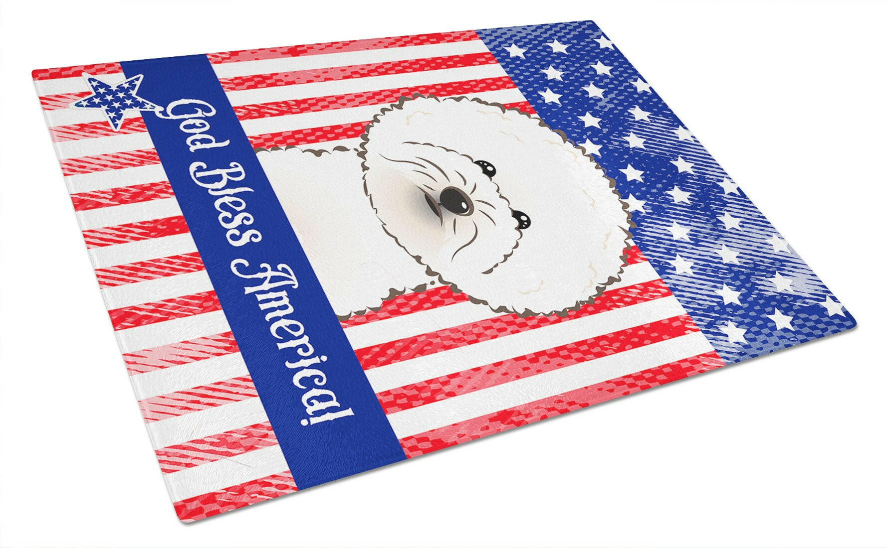 American Flag and Bichon Frise Cutting Board Tempered Glass Kitchen Cutting Surface, Heat Resistant Chopping, Non-Slip Feet, Food Prep & Serving