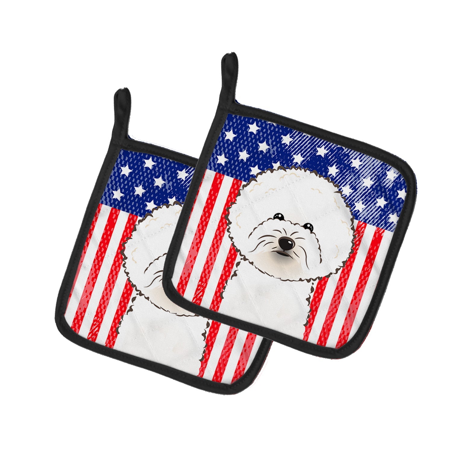 American Flag and Bichon Frise Pot Holder Set of 2 Heat Resistant Quilted Hot Pads 7.5 x 7.5 Inch, Insulated Kitchen Trivets for Cooking & Baking