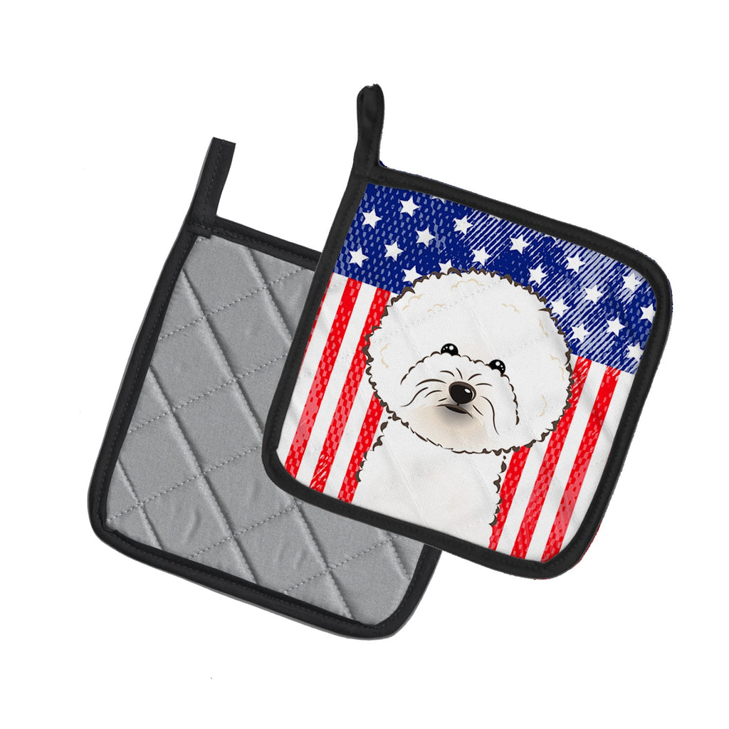 American Flag and Bichon Frise Pot Holder Set of 2 Heat Resistant Quilted Hot Pads 7.5 x 7.5 Inch, Insulated Kitchen Trivets for Cooking & Baking