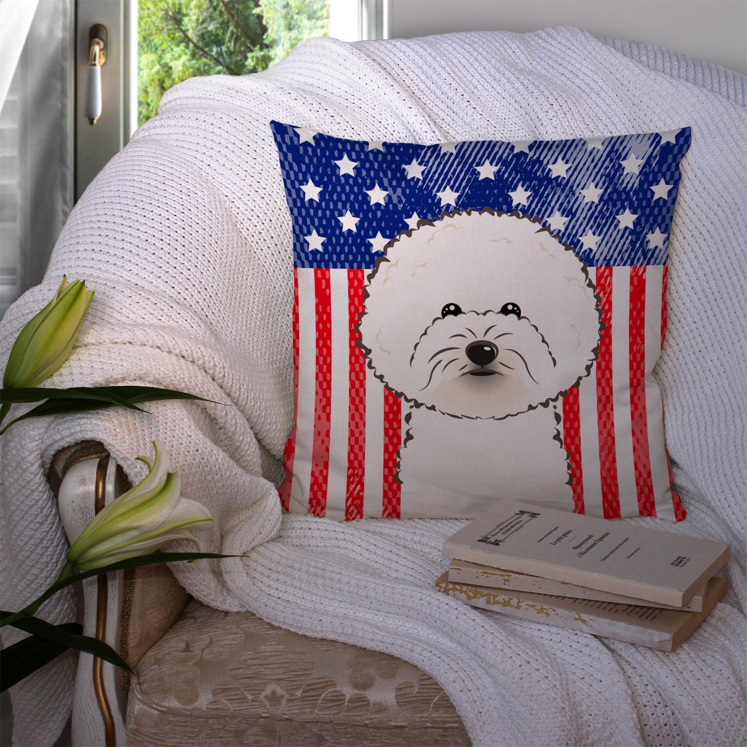 American Flag and Bichon Frise Decorative Throw Pillow 14x14 Indoor Outdoor Accent Cushion, Fabric Cover with Insert for Sofa, Bed, Porch & Living Room