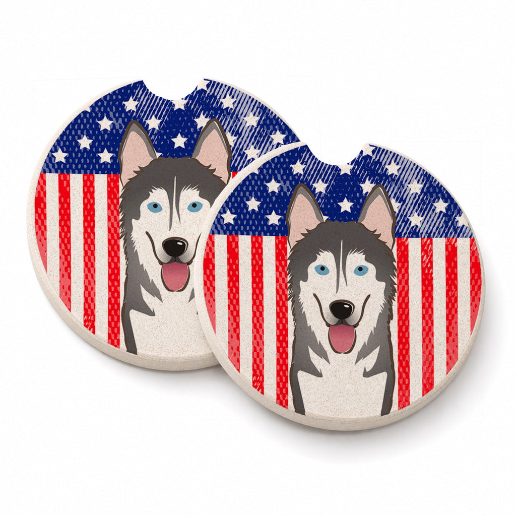 American Flag and Alaskan Malamute Set of 2 Cup Holder Car Coasters Absorbent Round Sandstone Coasters Gifts for Men or Women, 2.5, Multicolor