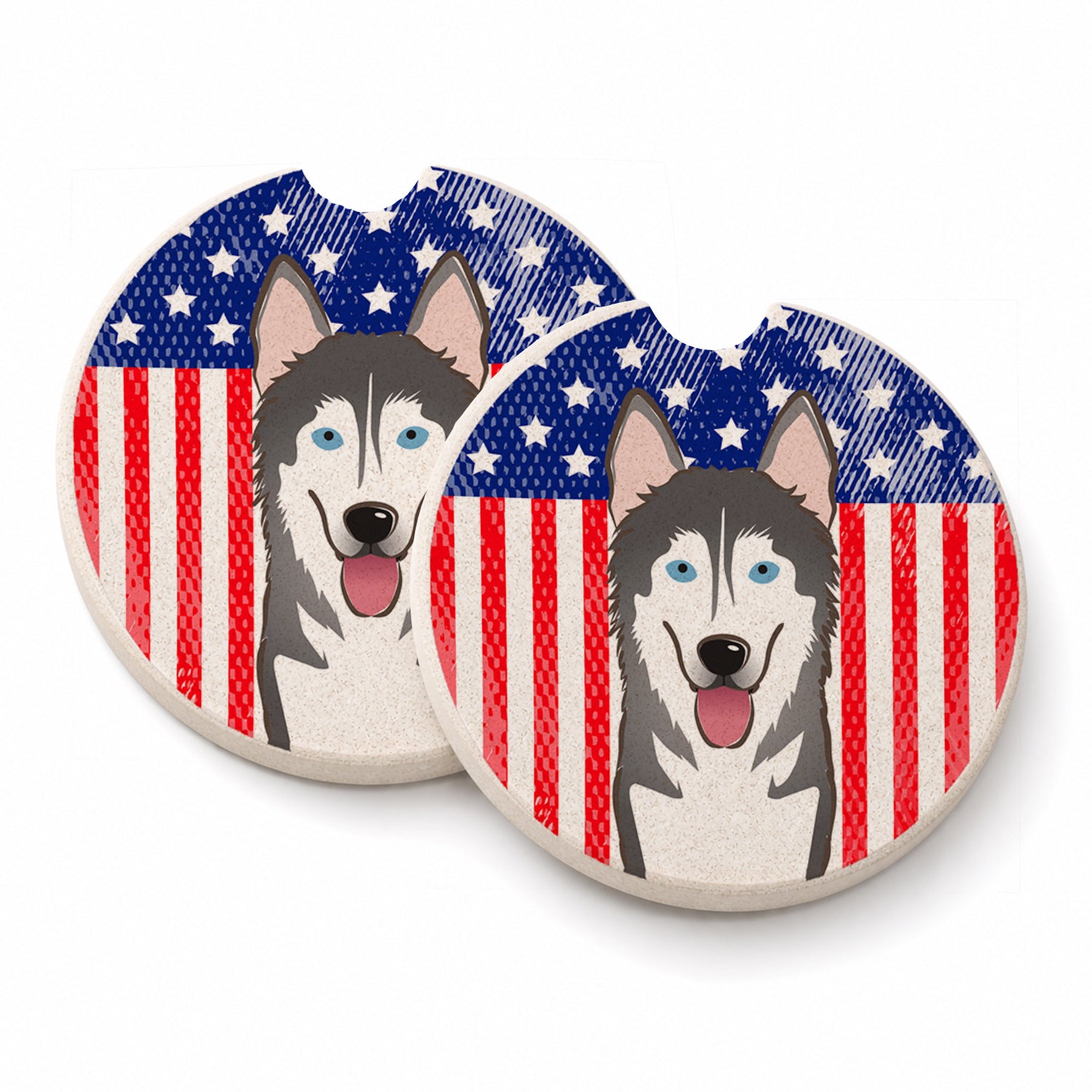 American Flag and Alaskan Malamute Set of 2 Cup Holder Car Coasters Absorbent Round Sandstone Coasters Gifts for Men or Women, 2.5, Multicolor