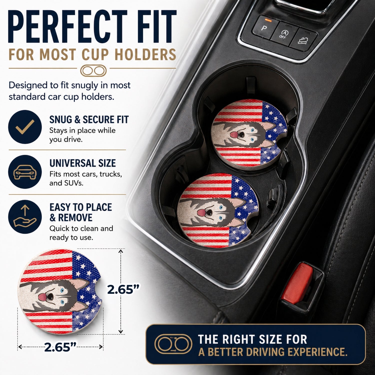 American Flag and Alaskan Malamute Set of 2 Cup Holder Car Coasters Absorbent Round Sandstone Coasters Gifts for Men or Women, 2.5, Multicolor