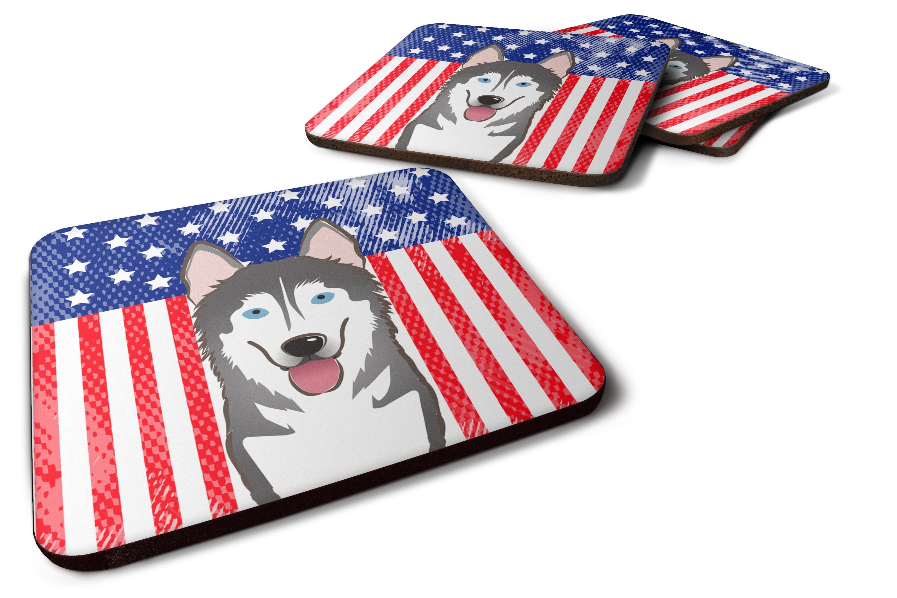 American Flag and Alaskan Malamute Foam Coasters Set of 4 Cup Coasters for Indoor Outdoor, Tabletop Protection, Anti Slip, Mouse pad Material