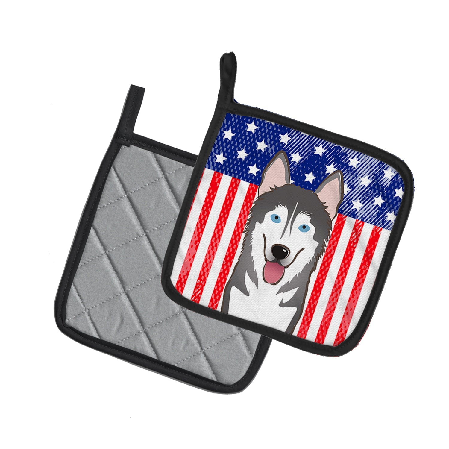 American Flag and Alaskan Malamute Pot Holder Set of 2 Heat Resistant Quilted Hot Pads 7.5 x 7.5 Inch, Insulated Kitchen Trivets for Cooking & Baking