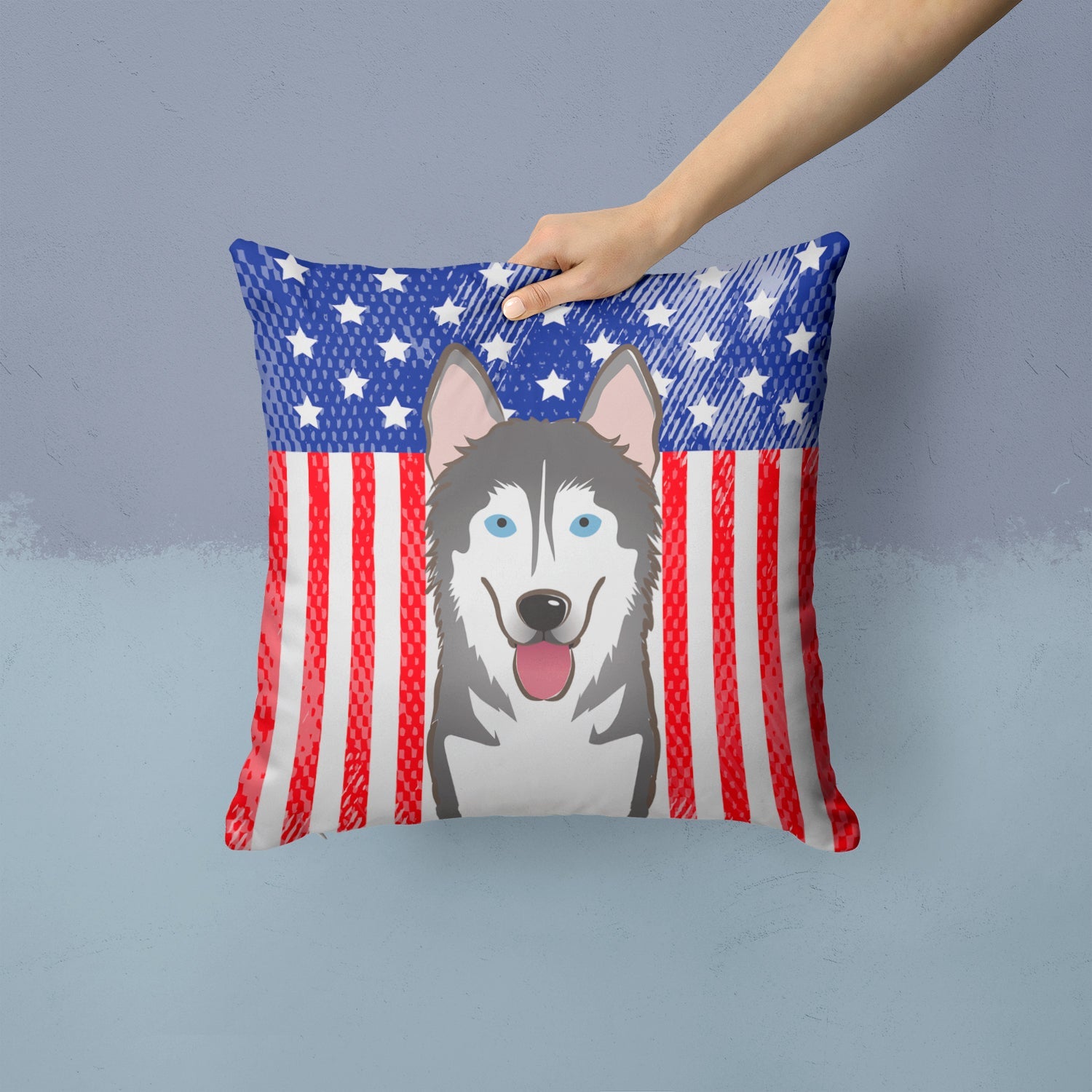 American Flag and Alaskan Malamute Decorative Throw Pillow 14x14 Indoor Outdoor Accent Cushion, Fabric Cover with Insert for Sofa, Bed, Porch & Living Room