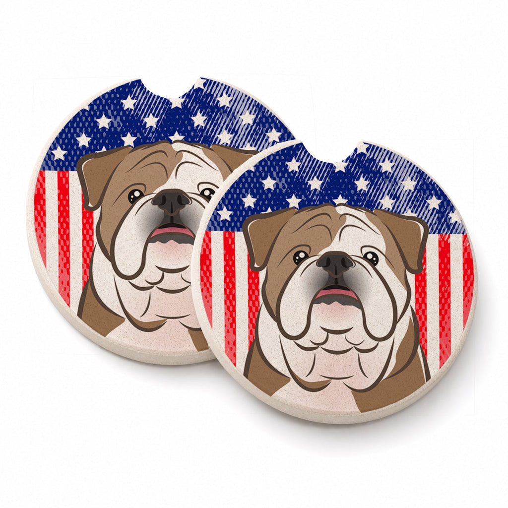 American Flag and English Bulldog  Set of 2 Cup Holder Car Coasters Absorbent Round Sandstone Coasters Gifts for Men or Women, 2.5, Multicolor