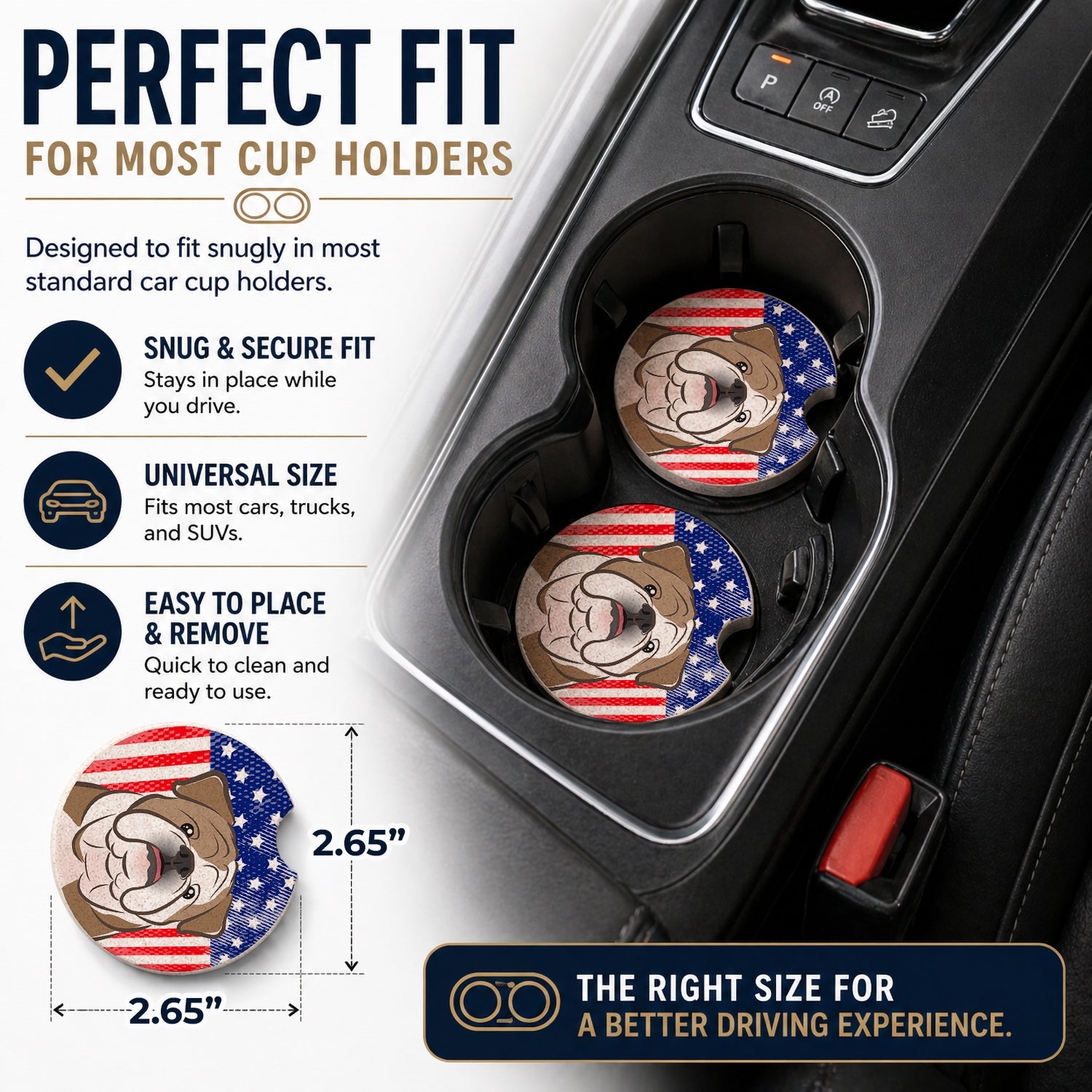 American Flag and English Bulldog  Set of 2 Cup Holder Car Coasters Absorbent Round Sandstone Coasters Gifts for Men or Women, 2.5, Multicolor