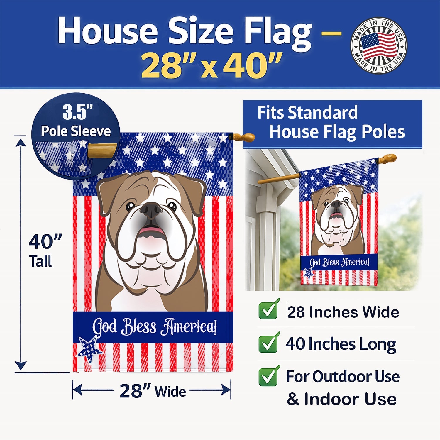American Flag and English Bulldog  House Flag 28x40 Porch Sleeve Pole Decorative Outside Yard Banner Artwork Wall Hanging, Polyester