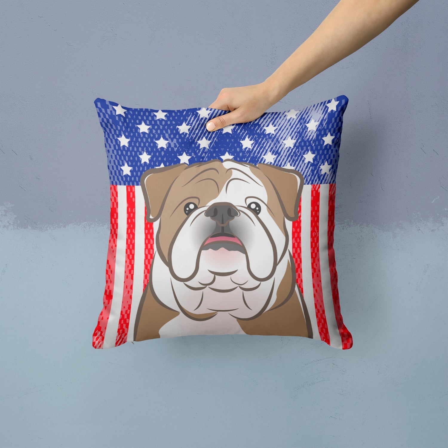 American Flag and English Bulldog  Decorative Throw Pillow 14x14 Indoor Outdoor Accent Cushion, Fabric Cover with Insert for Sofa, Bed, Porch & Living Room