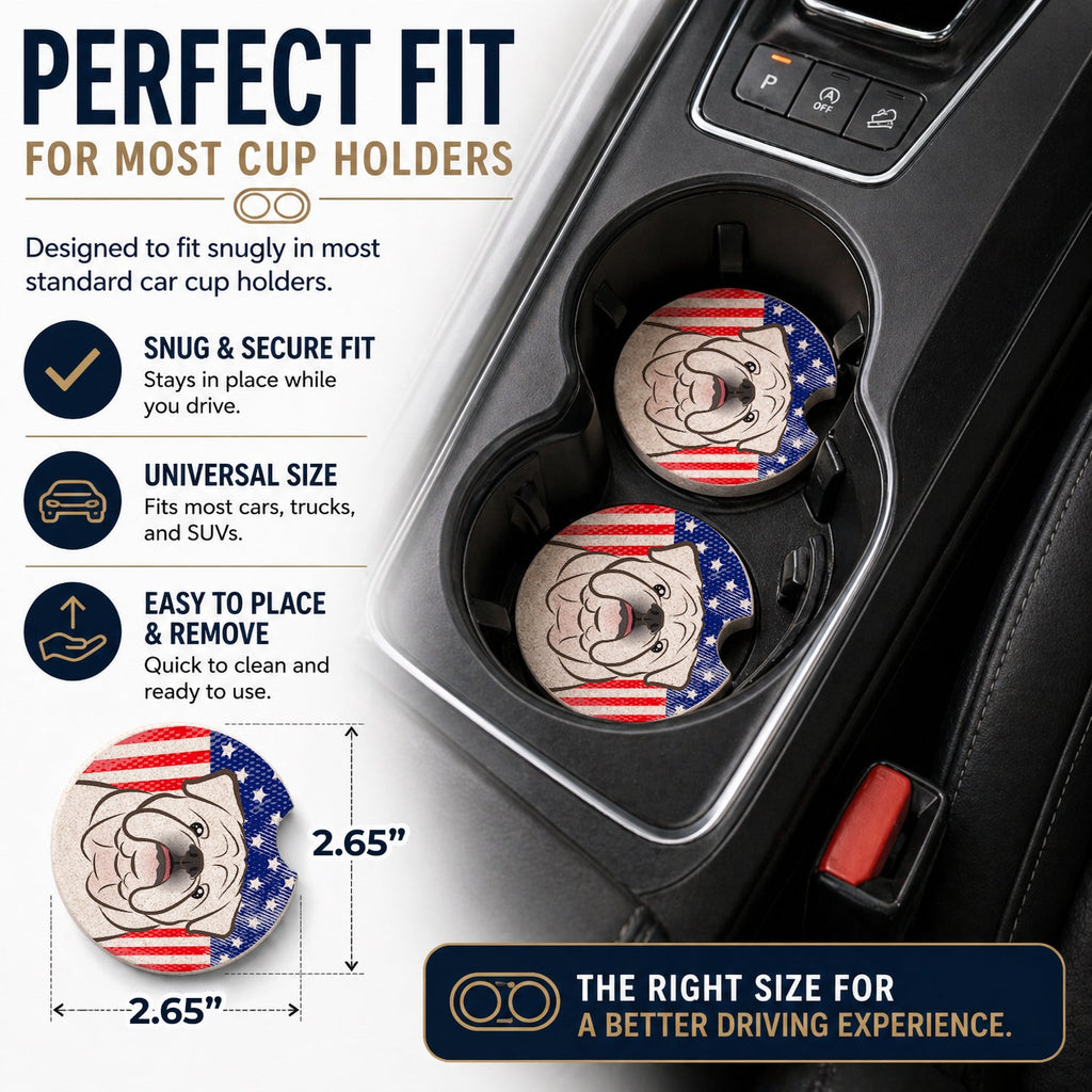 American Flag and White English Bulldog  Set of 2 Cup Holder Car Coasters Absorbent Round Sandstone Coasters Gifts for Men or Women, 2.5, Multicolor