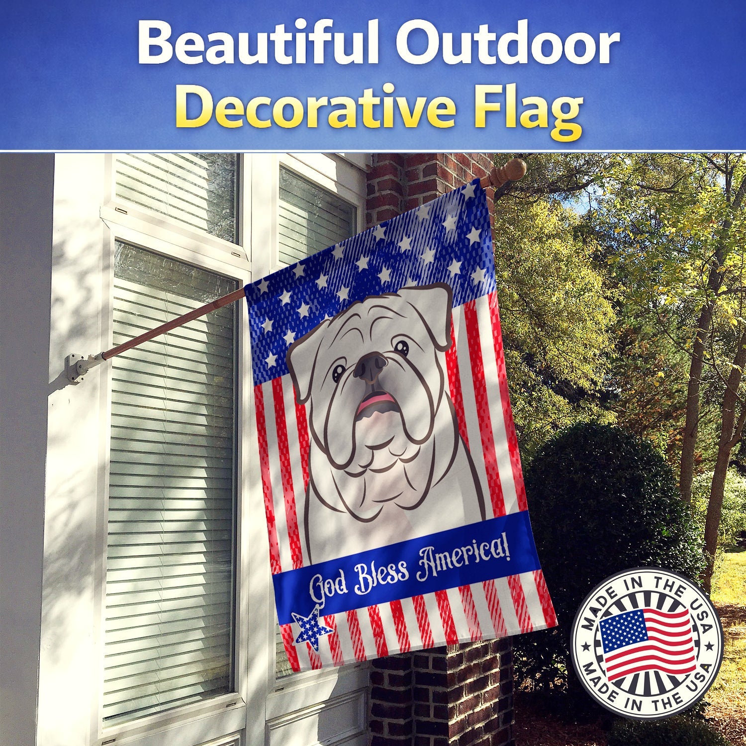 American Flag and White English Bulldog  House Flag 28x40 Porch Sleeve Pole Decorative Outside Yard Banner Artwork Wall Hanging, Polyester