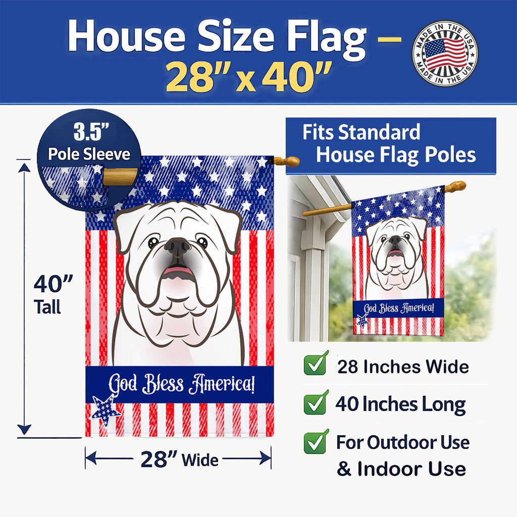 American Flag and White English Bulldog  House Flag 28x40 Porch Sleeve Pole Decorative Outside Yard Banner Artwork Wall Hanging, Polyester