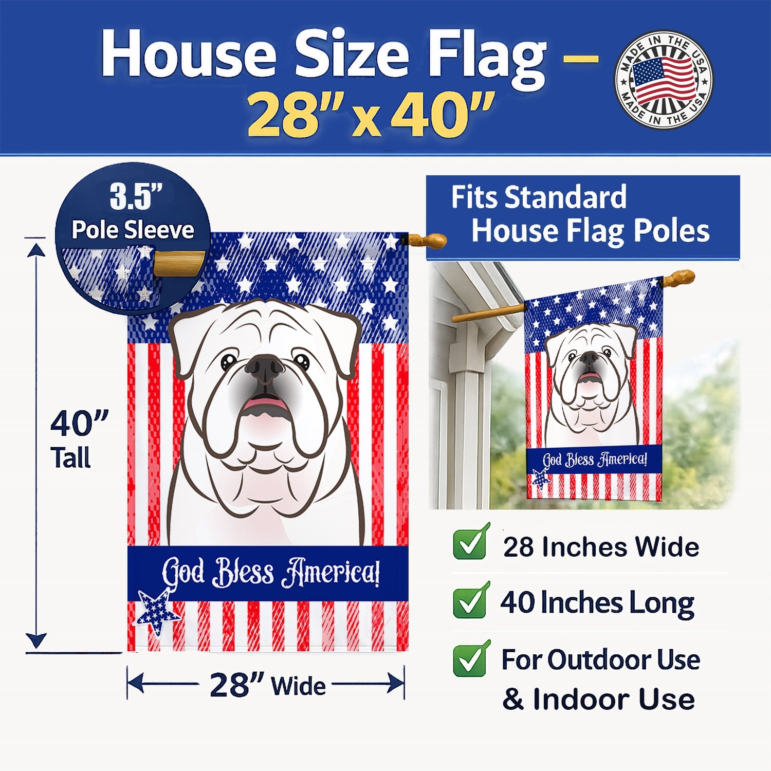 American Flag and White English Bulldog  House Flag 28x40 Porch Sleeve Pole Decorative Outside Yard Banner Artwork Wall Hanging, Polyester