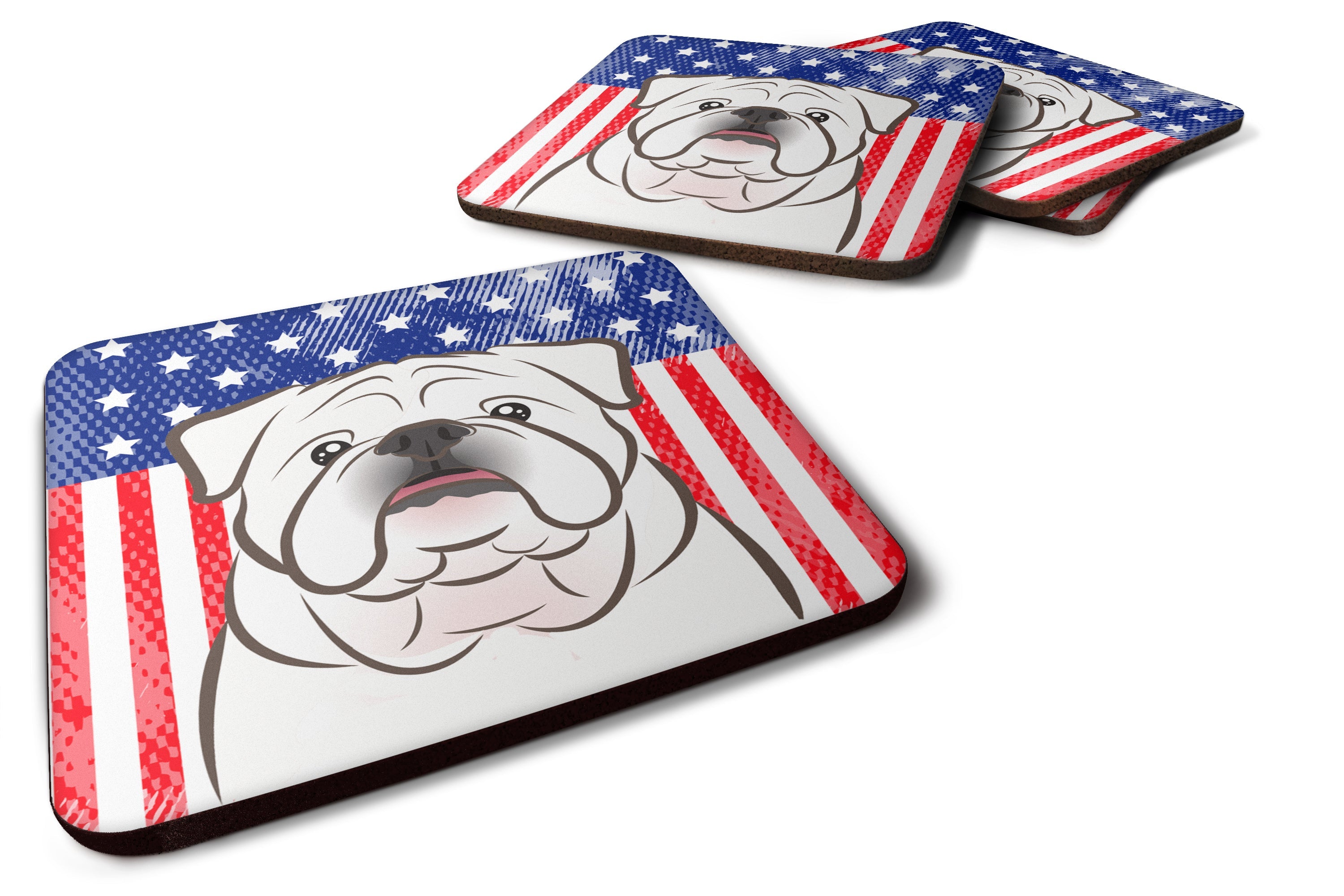 American Flag and White English Bulldog  Foam Coasters Set of 4 Cup Coasters for Indoor Outdoor, Tabletop Protection, Anti Slip, Mouse pad Material