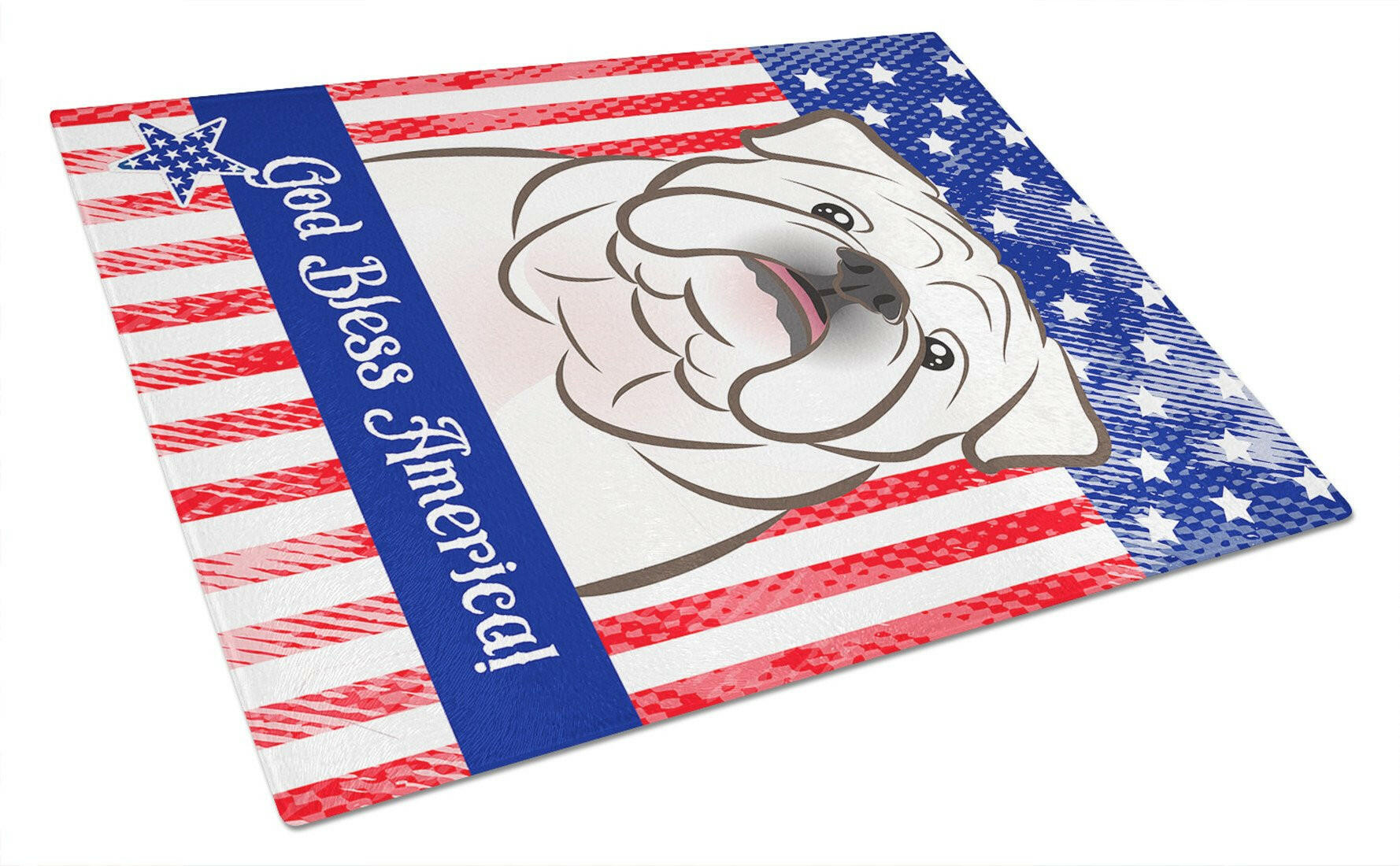 American Flag and White English Bulldog  Cutting Board Tempered Glass Kitchen Cutting Surface, Heat Resistant Chopping, Non-Slip Feet, Food Prep & Serving