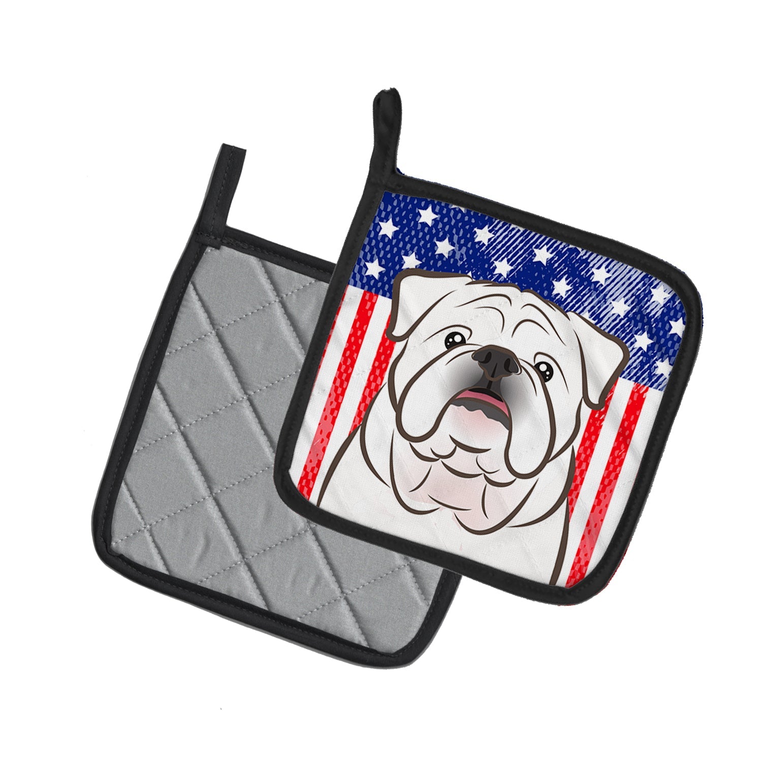 American Flag and White English Bulldog  Pot Holder Set of 2 Heat Resistant Quilted Hot Pads 7.5 x 7.5 Inch, Insulated Kitchen Trivets for Cooking & Baking
