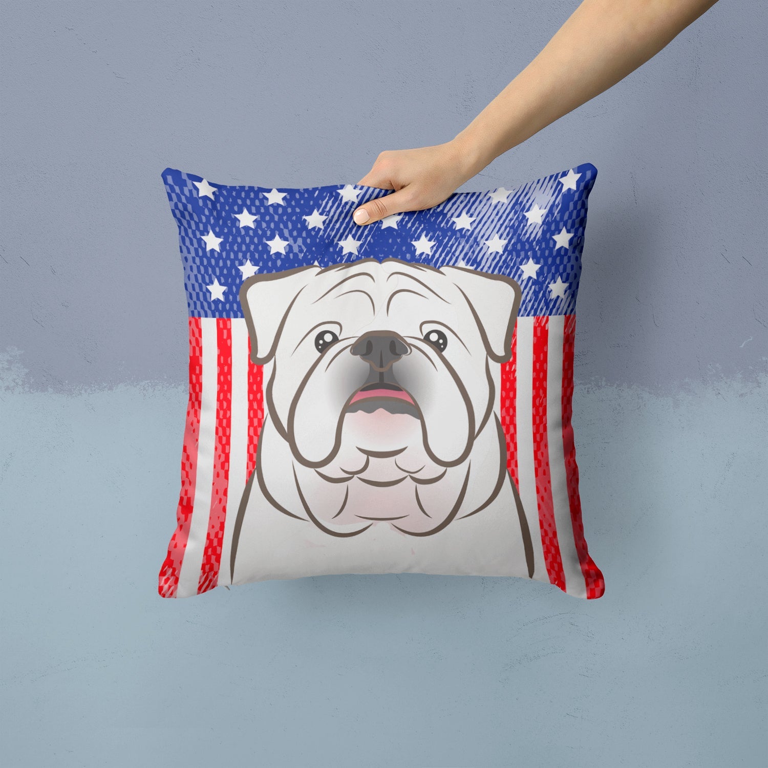 American Flag and White English Bulldog  Decorative Throw Pillow 14x14 Indoor Outdoor Accent Cushion, Fabric Cover with Insert for Sofa, Bed, Porch & Living Room