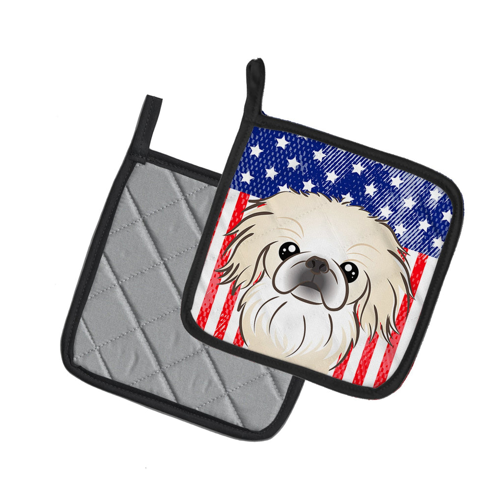 American Flag and Pekingese Pot Holder Set of 2 Heat Resistant Quilted Hot Pads 7.5 x 7.5 Inch, Insulated Kitchen Trivets for Cooking & Baking