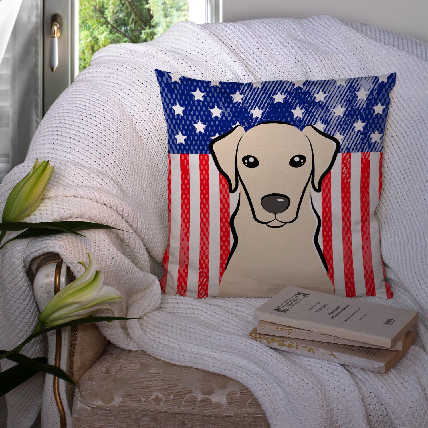 American Flag and Yellow Labrador Decorative Throw Pillow 14x14 Indoor Outdoor Accent Cushion, Fabric Cover with Insert for Sofa, Bed, Porch & Living Room