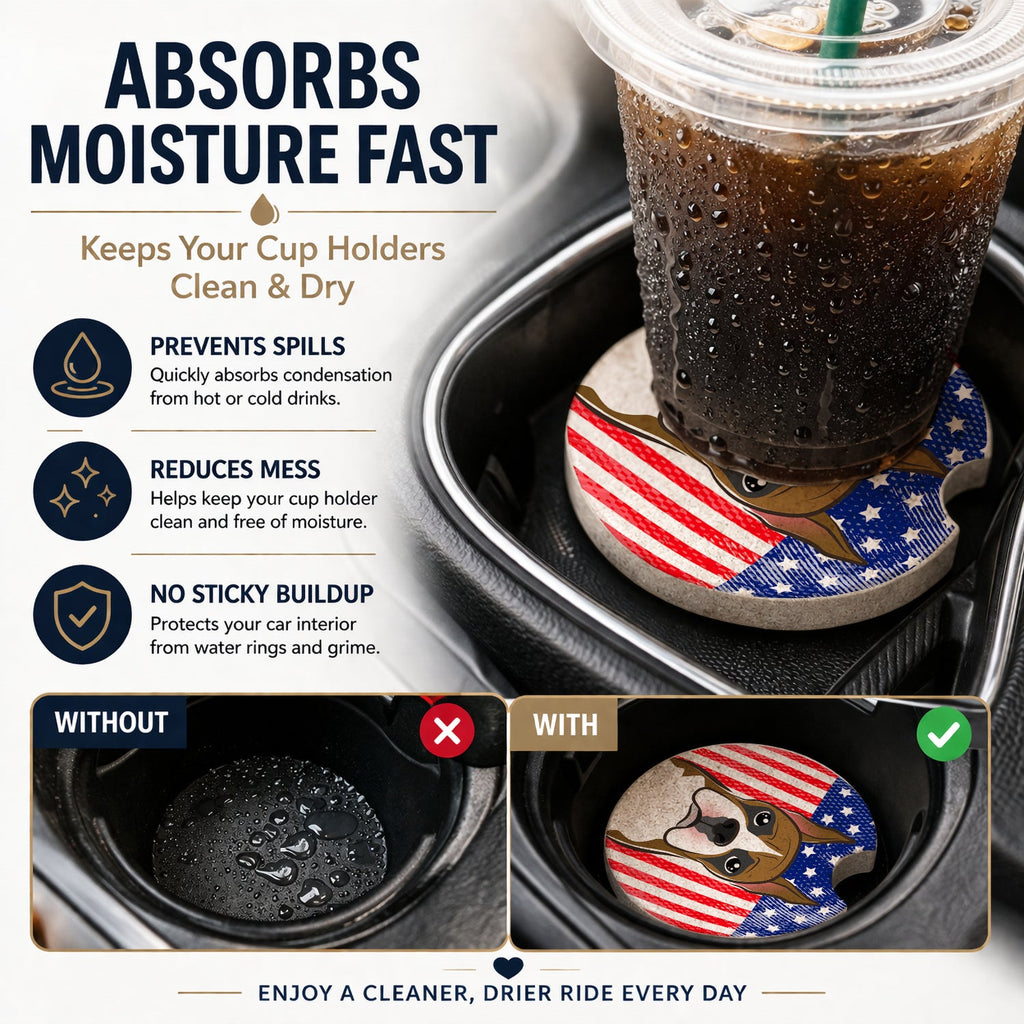 American Flag and Boxer Set of 2 Cup Holder Car Coasters Absorbent Round Sandstone Coasters Gifts for Men or Women, 2.5, Multicolor