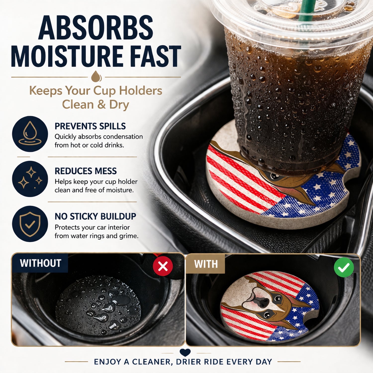 American Flag and Boxer Set of 2 Cup Holder Car Coasters Absorbent Round Sandstone Coasters Gifts for Men or Women, 2.5, Multicolor