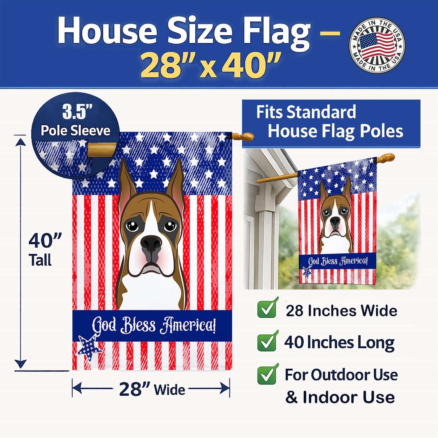 American Flag and Boxer House Flag 28x40 Porch Sleeve Pole Decorative Outside Yard Banner Artwork Wall Hanging, Polyester