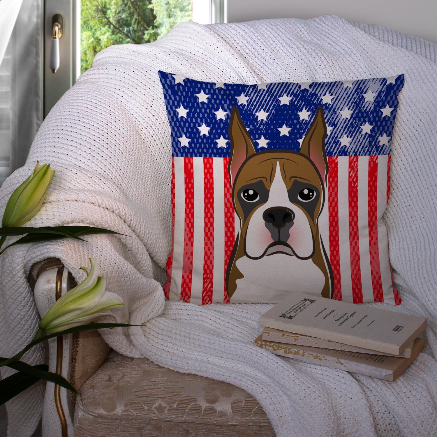 American Flag and Boxer Decorative Throw Pillow 14x14 Indoor Outdoor Accent Cushion, Fabric Cover with Insert for Sofa, Bed, Porch & Living Room
