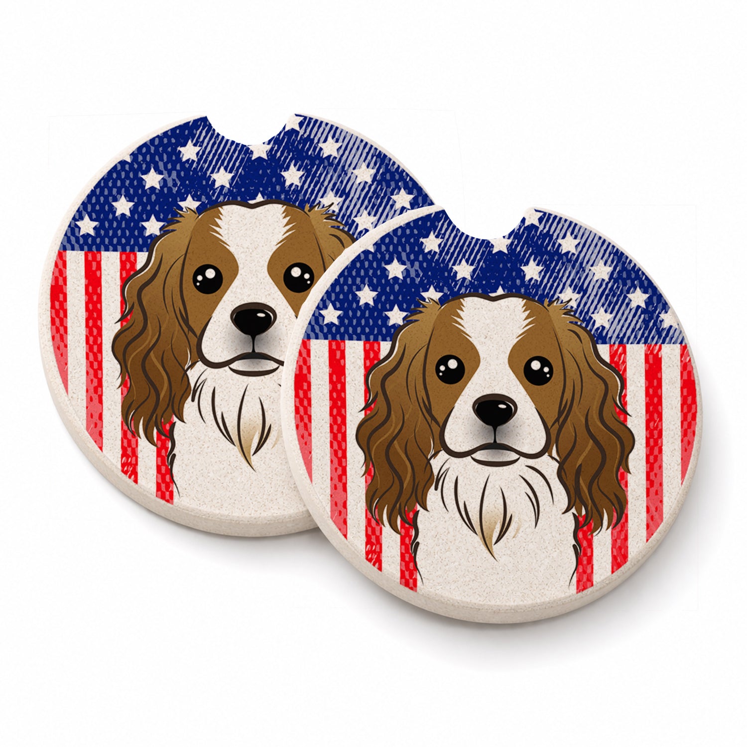American Flag and Cavalier Spaniel Set of 2 Cup Holder Car Coasters Absorbent Round Sandstone Coasters Gifts for Men or Women, 2.5, Multicolor