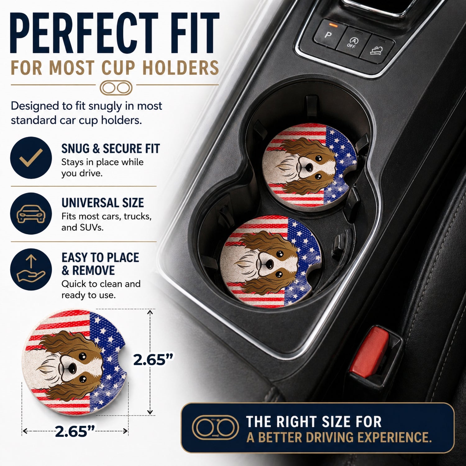 American Flag and Cavalier Spaniel Set of 2 Cup Holder Car Coasters Absorbent Round Sandstone Coasters Gifts for Men or Women, 2.5, Multicolor