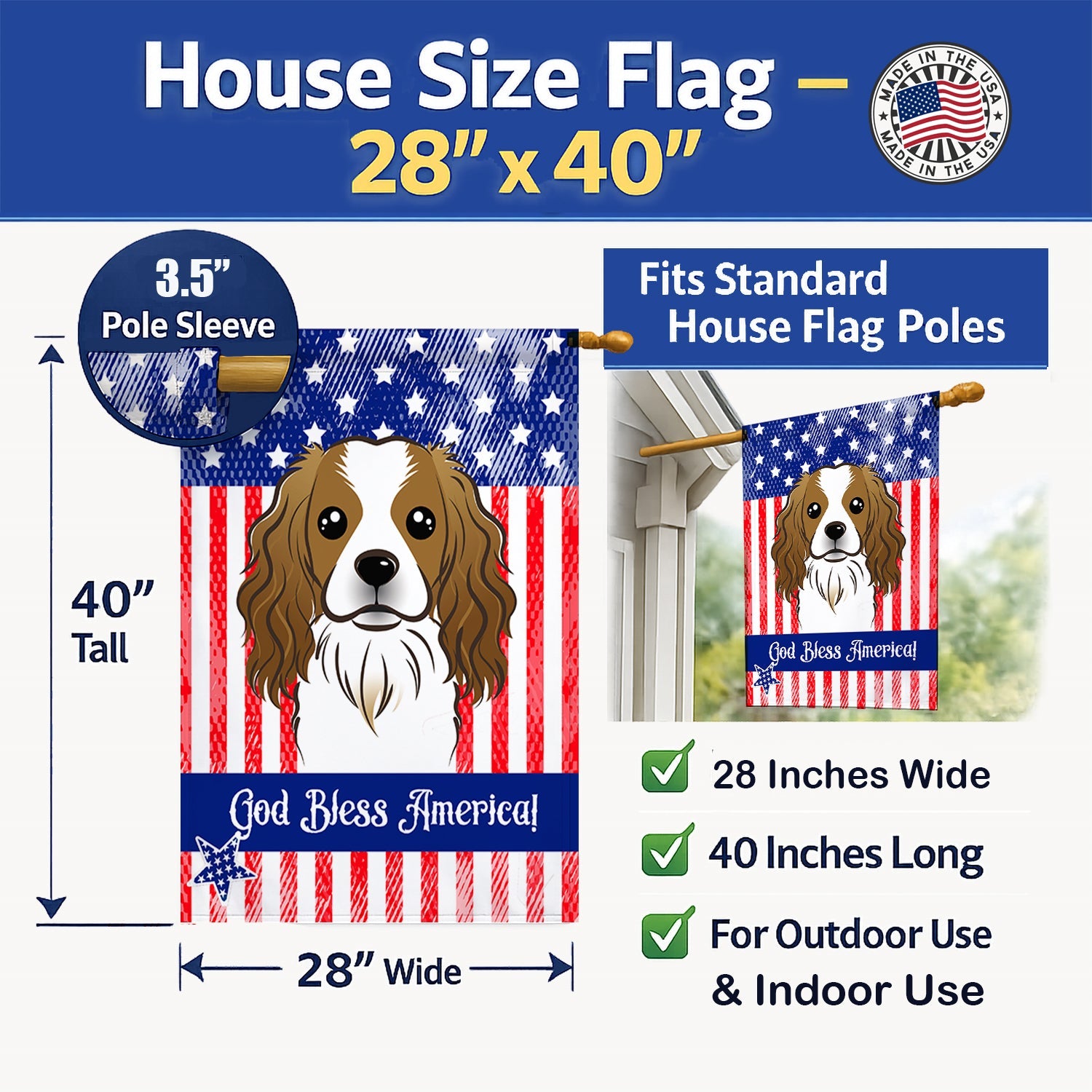 American Flag and Cavalier Spaniel House Flag 28x40 Porch Sleeve Pole Decorative Outside Yard Banner Artwork Wall Hanging, Polyester